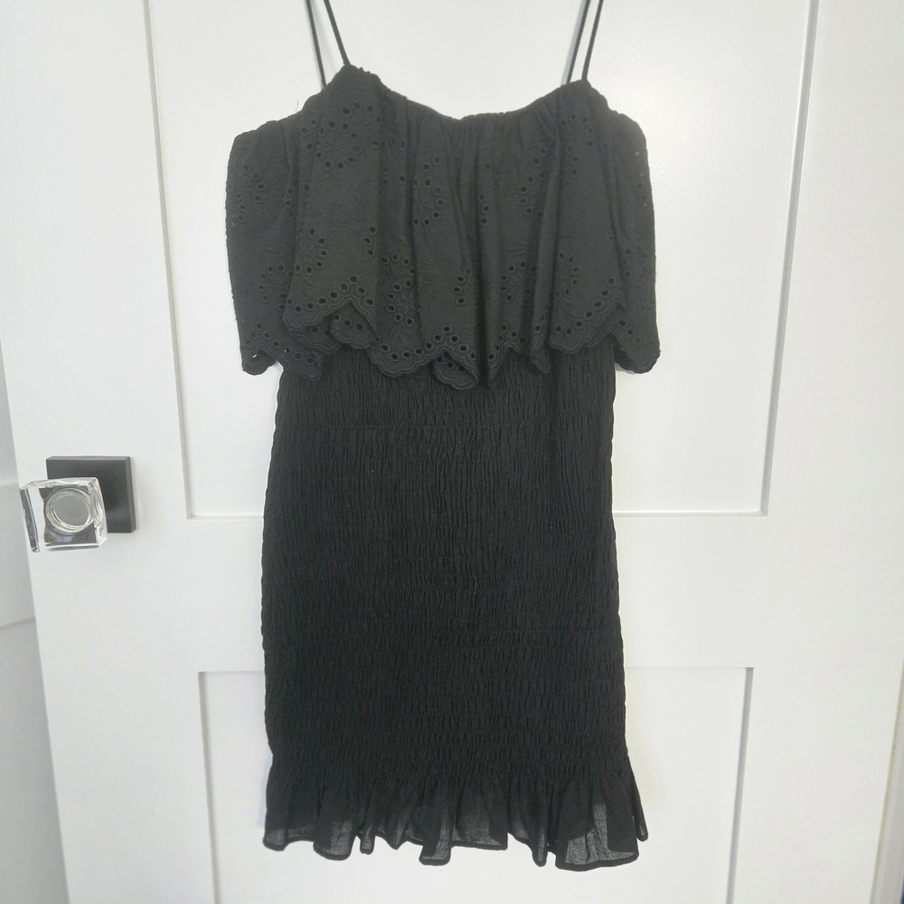 NWT Zara XS Black Spaghetti Strap Mini Dress Ruffled Top Stretch Rouch Bottom